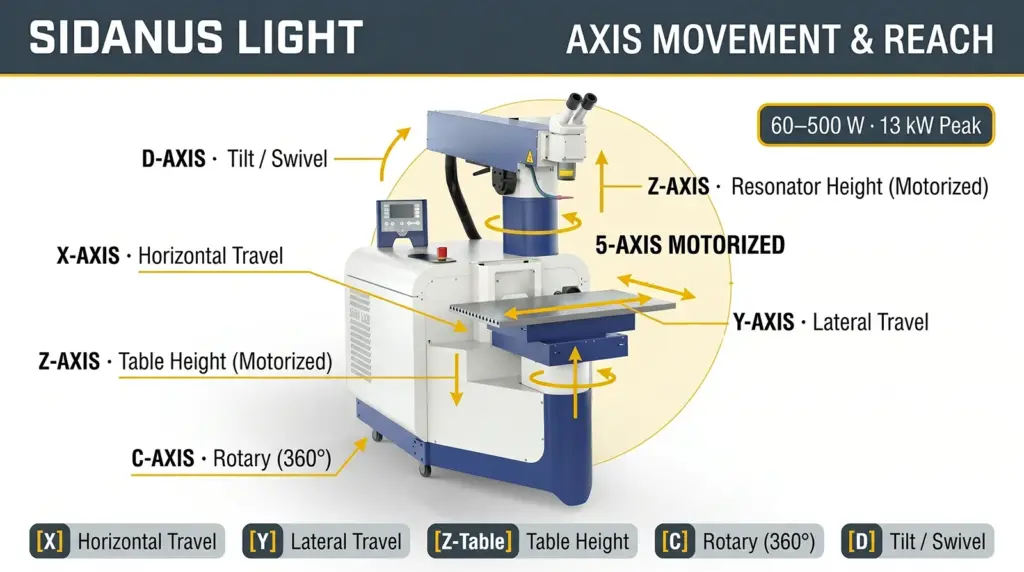 movimento dos eixos e alcance da maquina industrial de soldagem a laser sidanus light movimento dos eixos e alcance da maquina industrial de soldagem a laser sidanus light