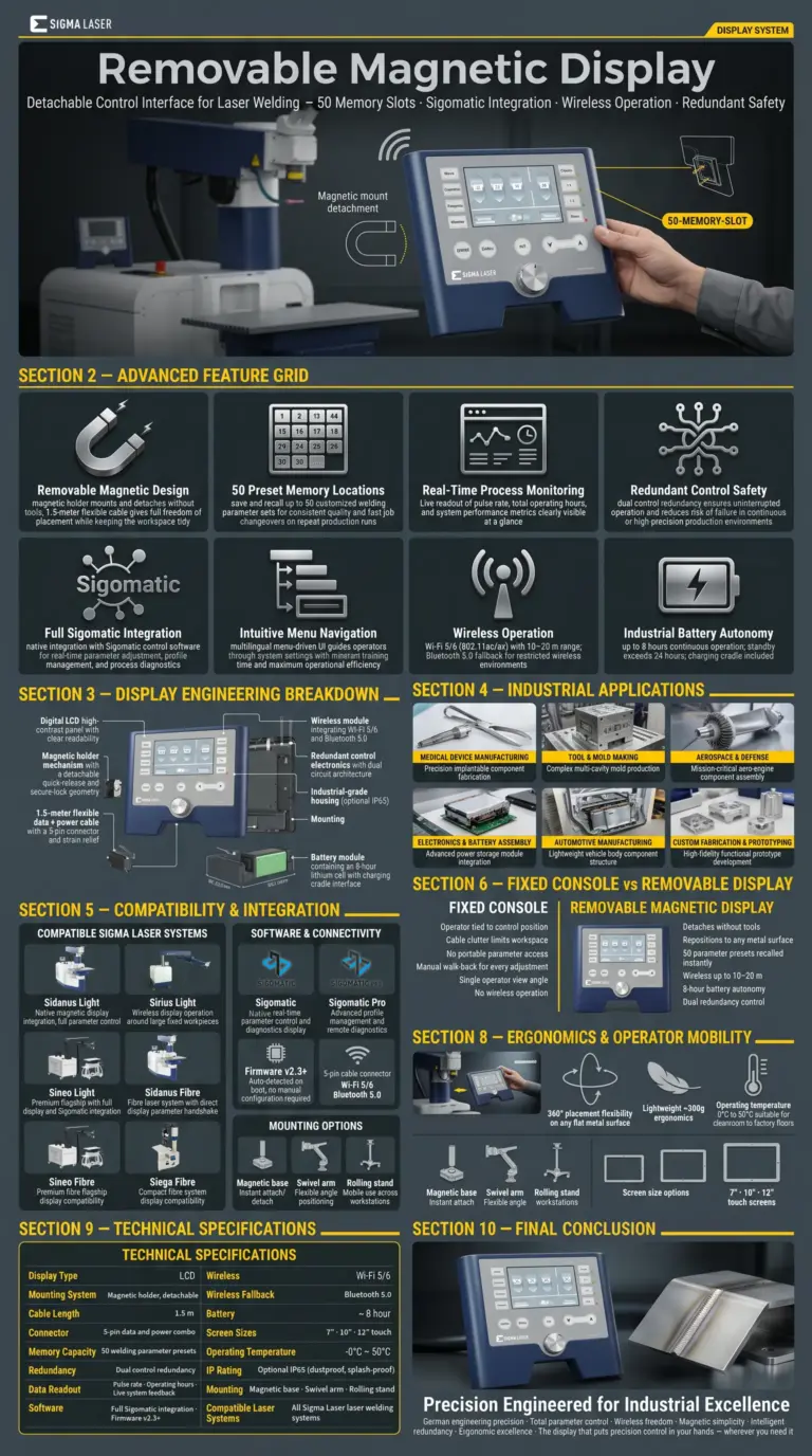 infografico display magnetico removivel para sistemas de soldagem a laser