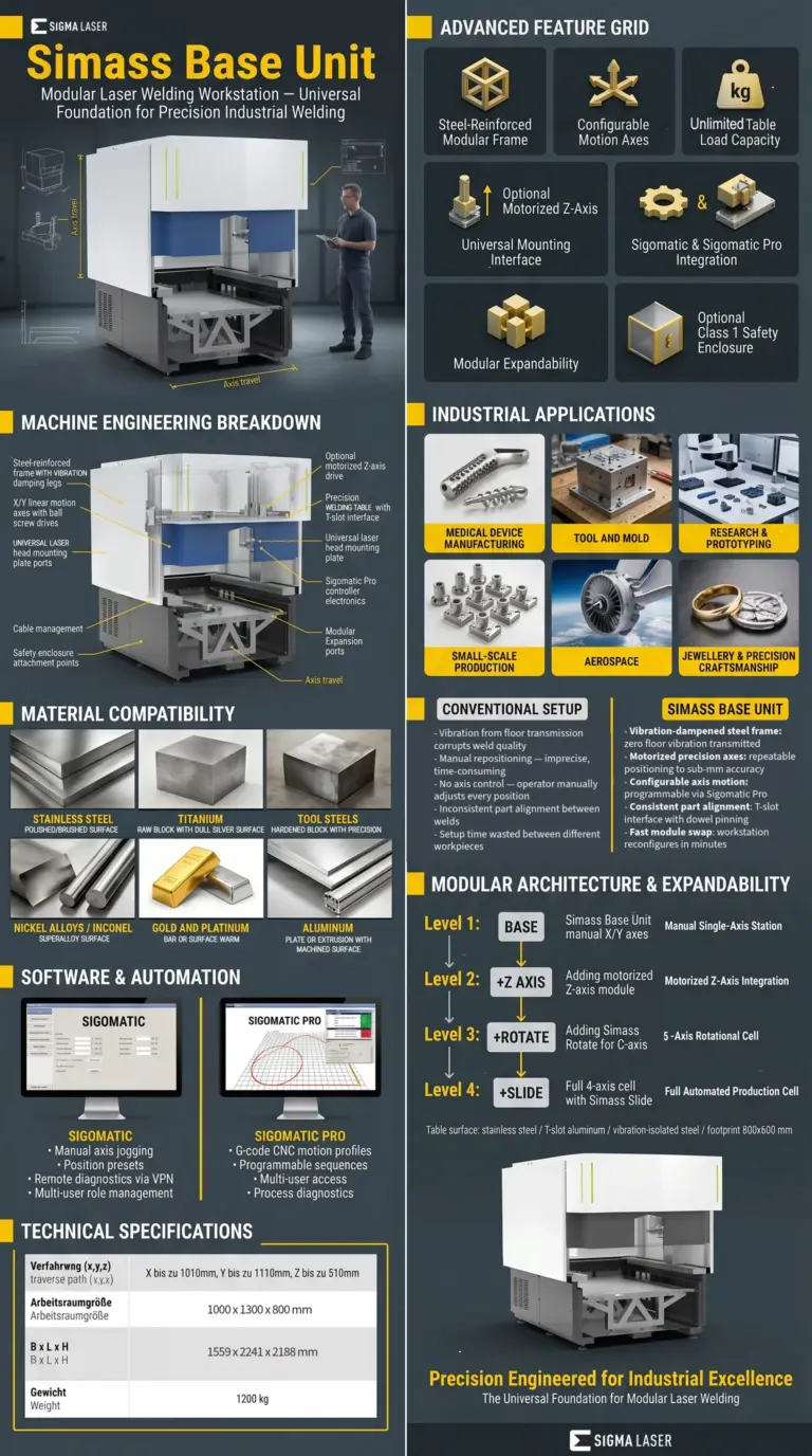 infografico plataforma modular de soldagem simass base unit para automacao a laser
