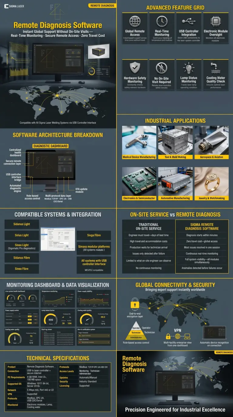 infografico software de diagnostico remoto para maquina de soldagem a laser
