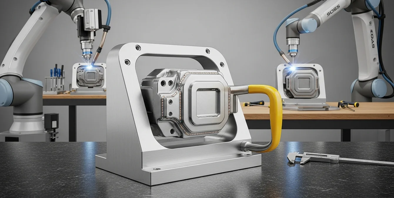 Polished metal component with flawless laser weld on inspection table with caliper and yellow fixture handle Polished metal component with flawless laser weld on inspection table with caliper and yellow fixture handle