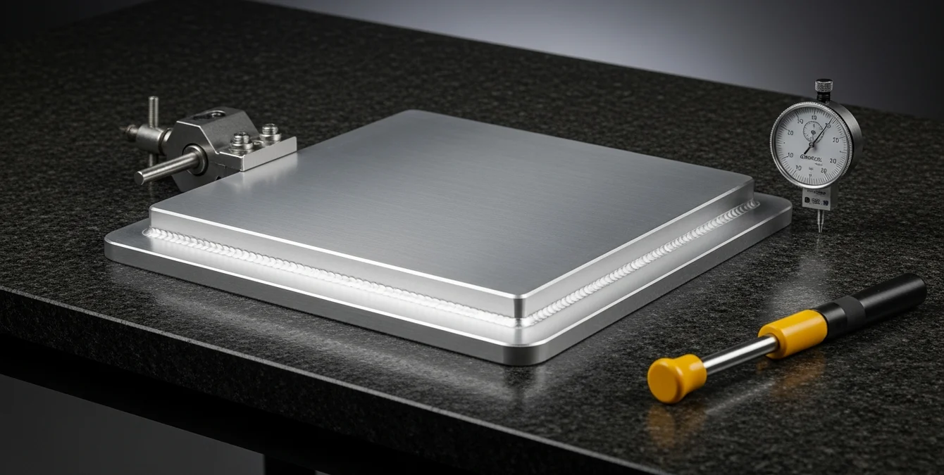 Polished aluminum automotive component with immaculate weld seam clamped on granite inspection table with dial indicator and yellow fixture handle Polished aluminum automotive component with immaculate weld seam clamped on granite inspection table with dial indicator and yellow fixture handle