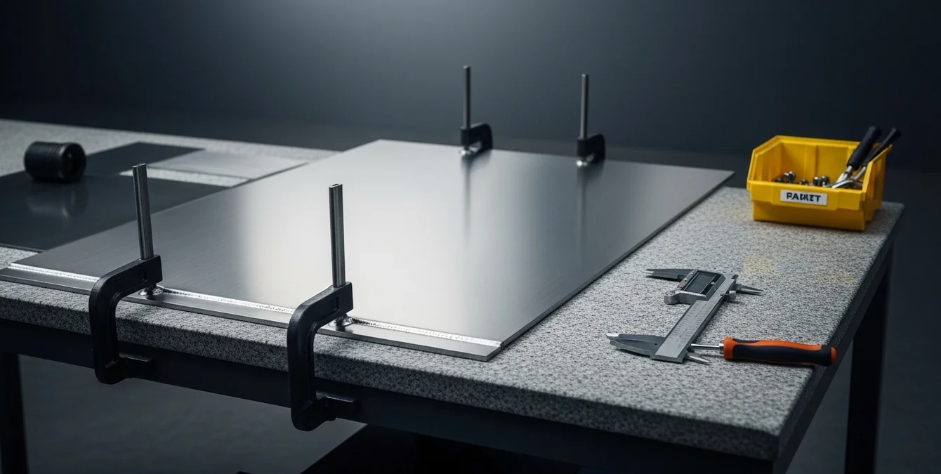 Polished stainless steel sheet with immaculate weld seam clamped on granite table, caliper and yellow tool tray in dark industrial workshop Polished stainless steel sheet with immaculate weld seam clamped on granite table, caliper and yellow tool tray in dark industrial workshop