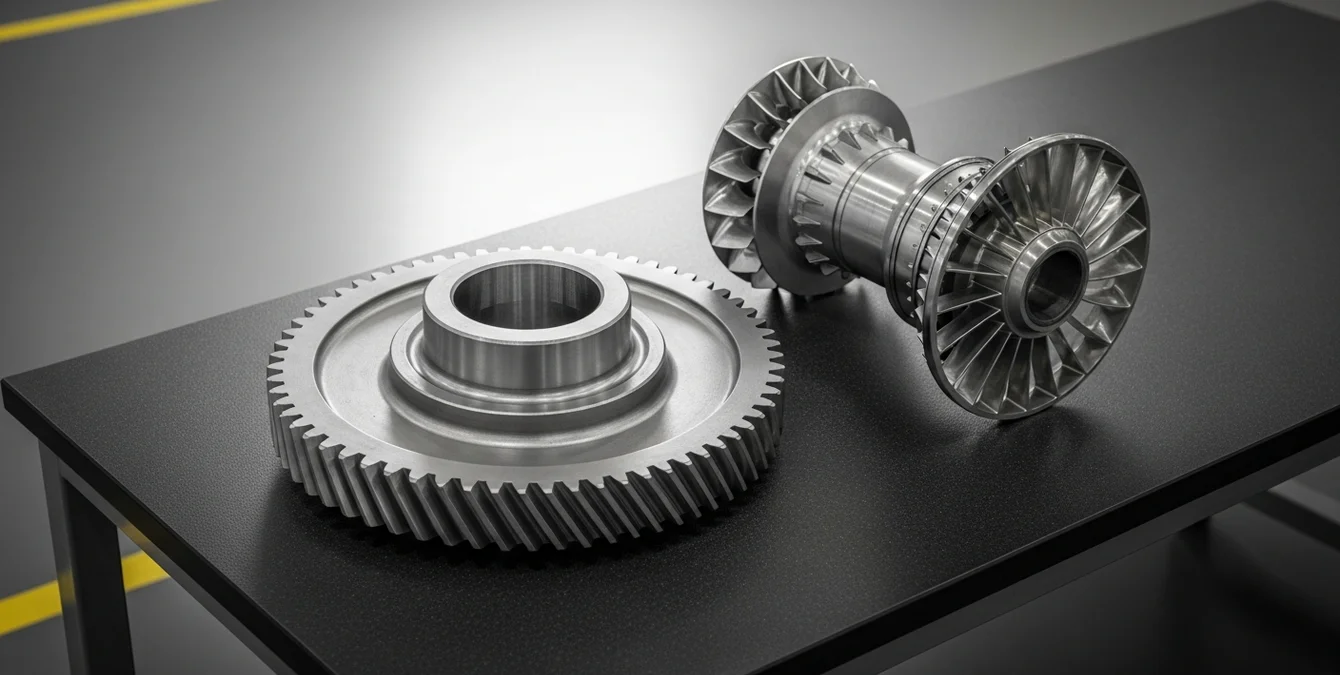 Polished automotive gear assembly and aerospace turbine component on granite inspection table showing precise laser welds Polished automotive gear assembly and aerospace turbine component on granite inspection table showing precise laser welds
