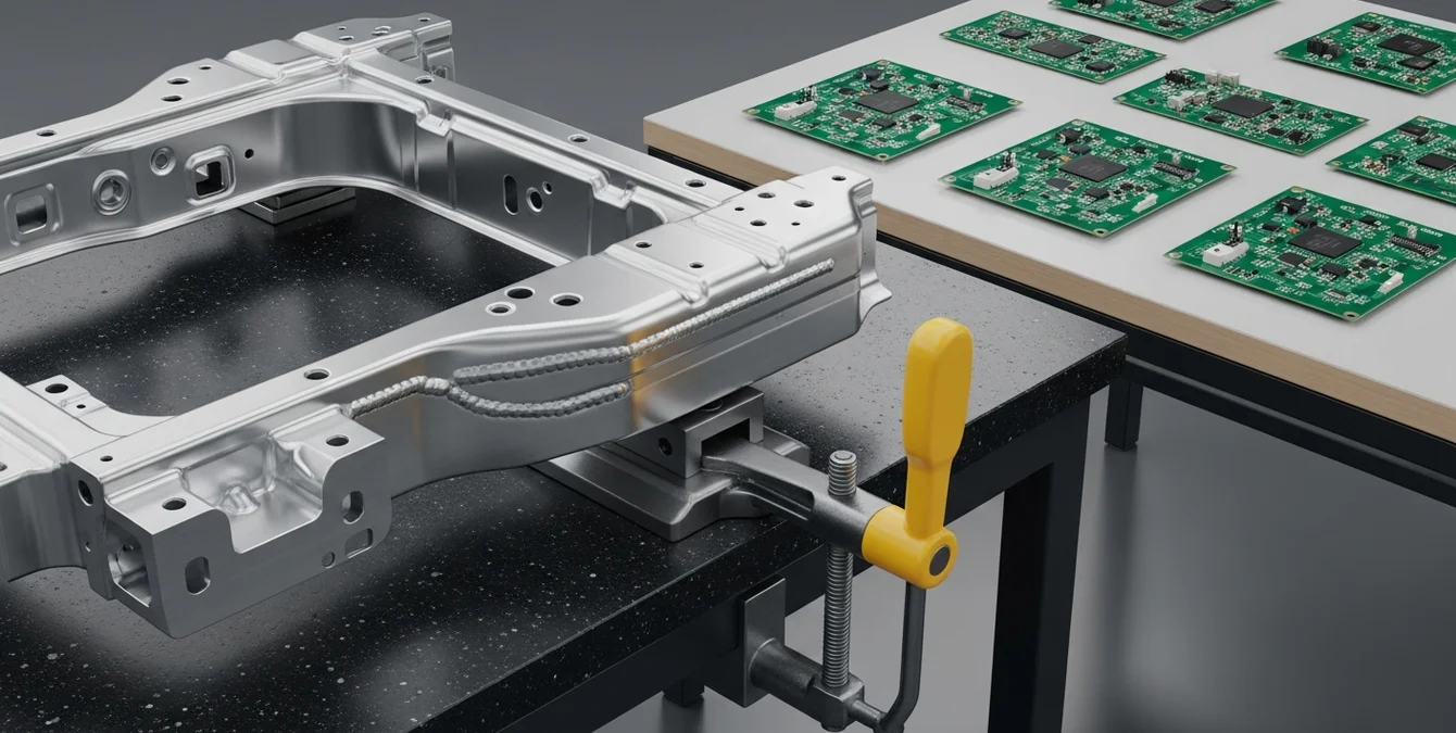 Polished automotive chassis segment clamped on inspection table next to microelectronic circuit boards on workbench, showcasing immaculate weld seams and precis Polished automotive chassis segment clamped on inspection table next to microelectronic circuit boards on workbench, showcasing immaculate weld seams and precis