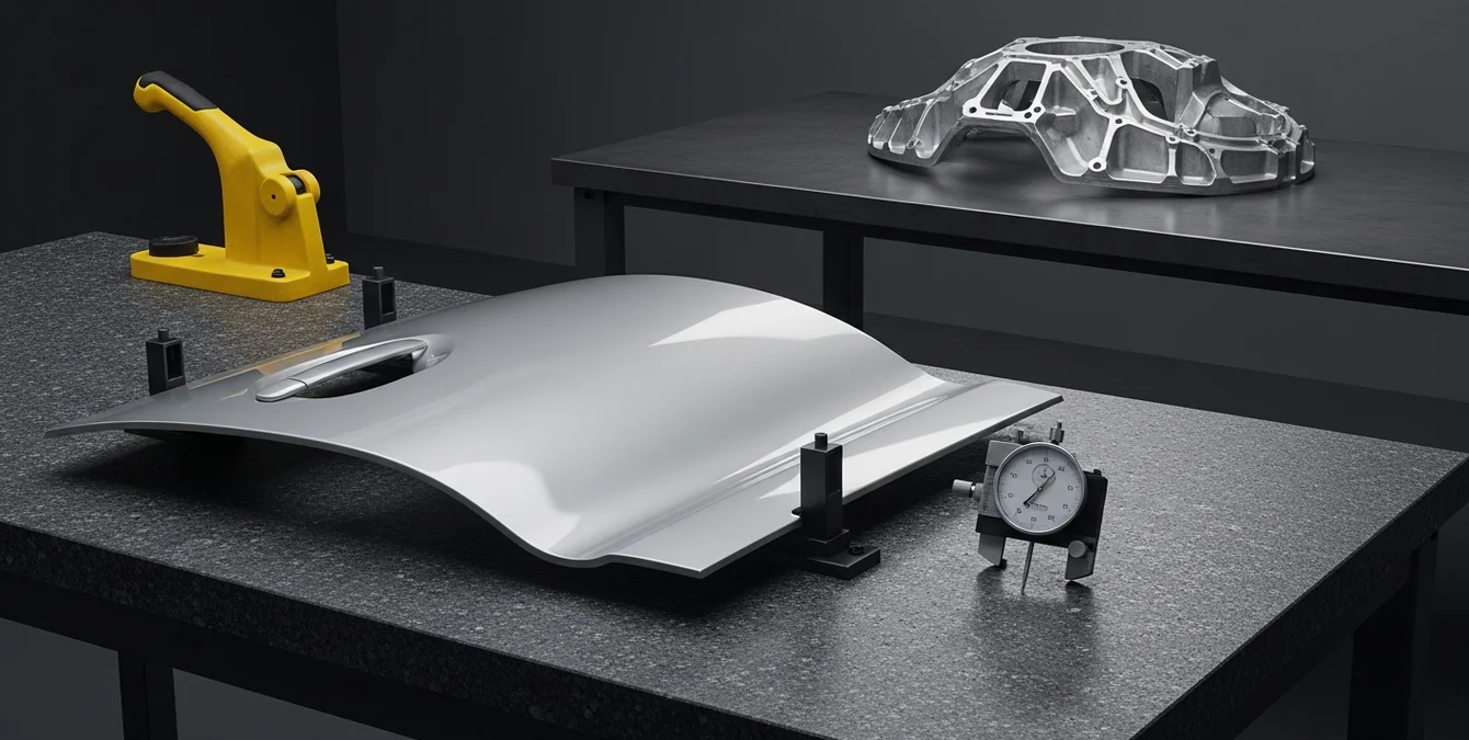 Polished automotive car door panel and aerospace alloy part with immaculate laser weld seams on granite and workbench surfaces in a premium industrial inspectio Polished automotive car door panel and aerospace alloy part with immaculate laser weld seams on granite and workbench surfaces in a premium industrial inspectio