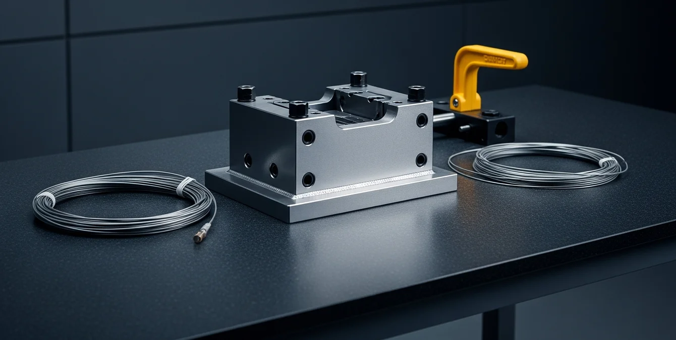 Polished tool steel stamping die clamped on granite table with coil of welding wire and yellow fixture handle, showing immaculate laser-welded seams Polished tool steel stamping die clamped on granite table with coil of welding wire and yellow fixture handle, showing immaculate laser-welded seams