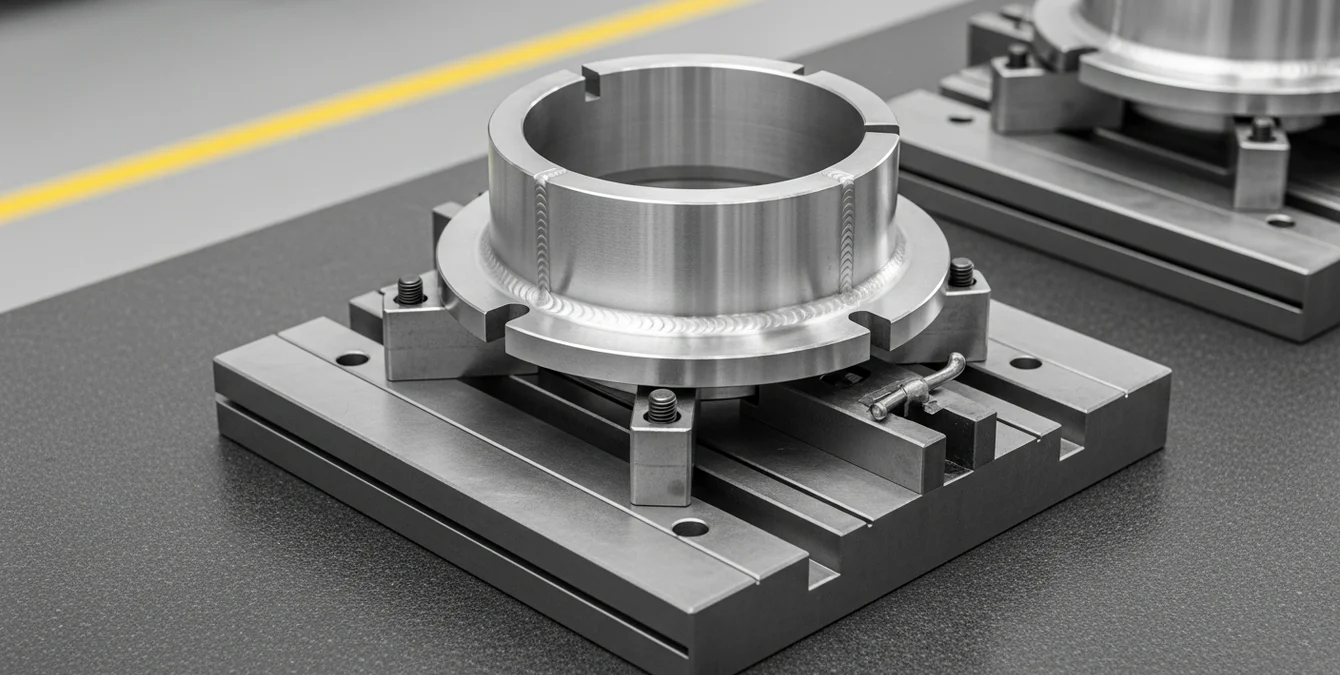 Polished metal workpiece clamped on fixture plate showing clearances and immaculate weld seams on granite inspection table with yellow floor marking Polished metal workpiece clamped on fixture plate showing clearances and immaculate weld seams on granite inspection table with yellow floor marking