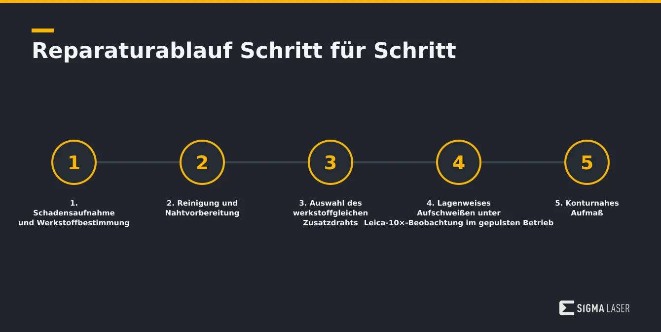 Infografik mit den fünf Schritten des Reparaturablaufs beim mobilen Laserschweißen Infografik mit den fünf Schritten des Reparaturablaufs beim mobilen Laserschweißen
