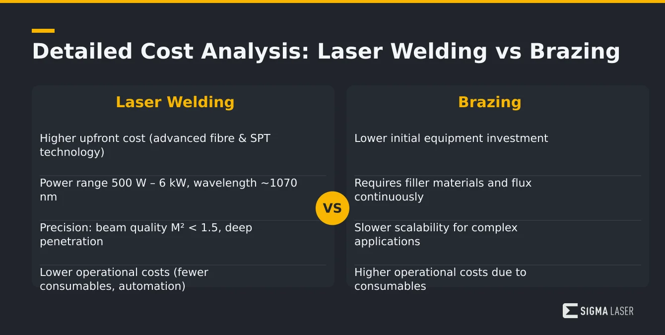 Infographic comparing upfront and operational costs of laser welding versus brazing in industrial metal joining Infographic comparing upfront and operational costs of laser welding versus brazing in industrial metal joining
