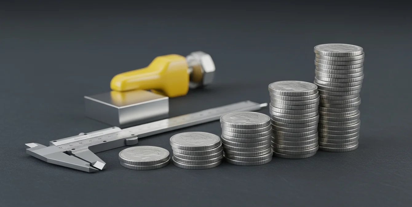 Ascending stacks of silver coins with a caliper measuring a polished metal block, symbolizing detailed cost analysis Ascending stacks of silver coins with a caliper measuring a polished metal block, symbolizing detailed cost analysis