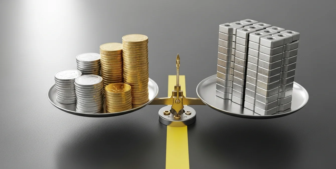 Symbolische Darstellung von Finanzierung und Investition mit Münzstapeln und Waage Symbolische Darstellung von Finanzierung und Investition mit Münzstapeln und Waage
