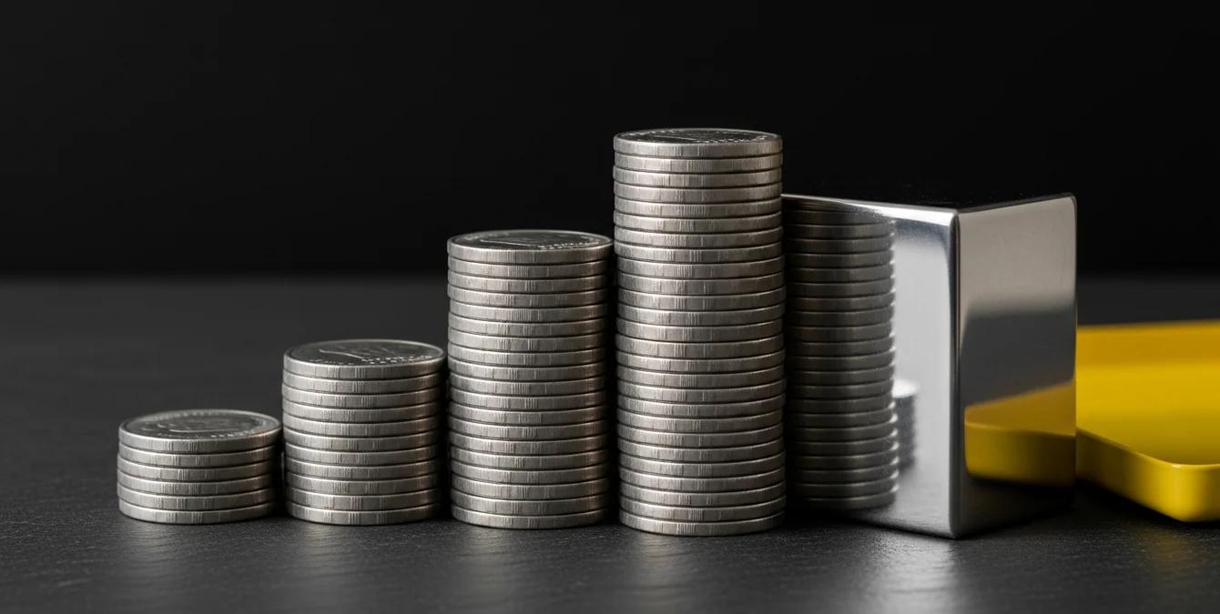 Symbolische Darstellung von Investitionsentscheidung mit Münzstapeln, Messschieber und Prüfblock Symbolische Darstellung von Investitionsentscheidung mit Münzstapeln, Messschieber und Prüfblock