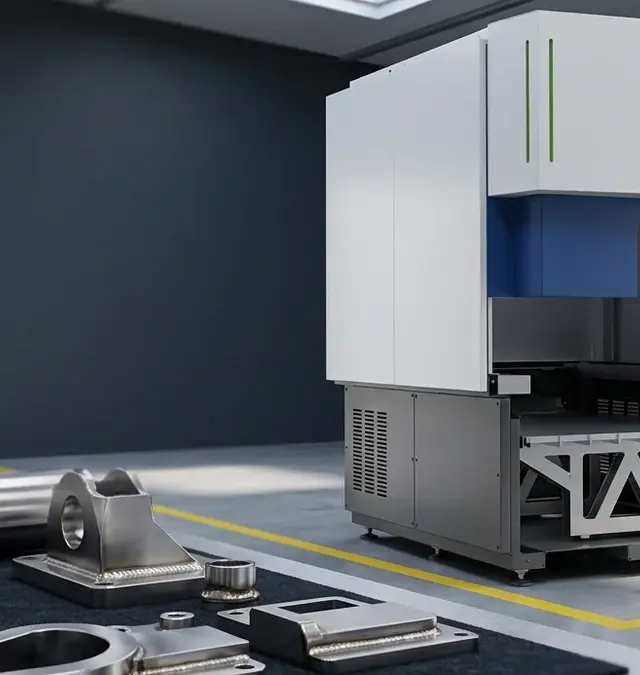 Fixed automation laser welding base unit in a tidy workshop with yellow floor marking and a metallic precision component in foreground Fixed automation laser welding base unit in a tidy workshop with yellow floor marking and a metallic precision component in foreground