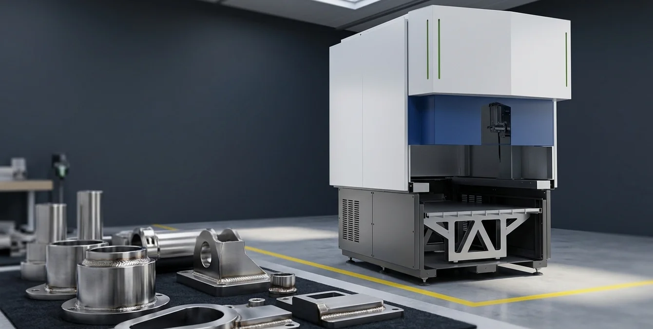 Fixed automation laser welding base unit in a tidy workshop with yellow floor marking and a metallic precision component in foreground Fixed automation laser welding base unit in a tidy workshop with yellow floor marking and a metallic precision component in foreground