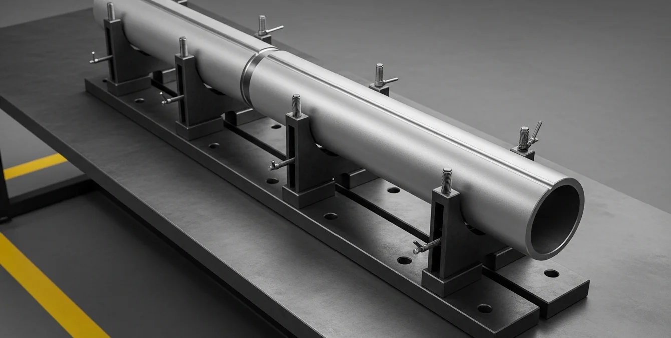 Long cylindrical metal part clamped on a rigid fixture with multiple adjustable supports in a dark industrial workshop setting Long cylindrical metal part clamped on a rigid fixture with multiple adjustable supports in a dark industrial workshop setting
