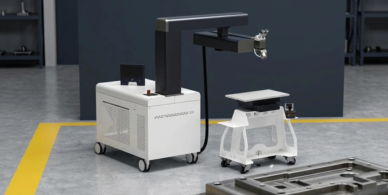 Mobiles Laserschweißsystem Sineo Light in sauberer Werkstatt mit Stahlbauteil und gelber Bodenmarkierung Mobiles Laserschweißsystem Sineo Light in sauberer Werkstatt mit Stahlbauteil und gelber Bodenmarkierung