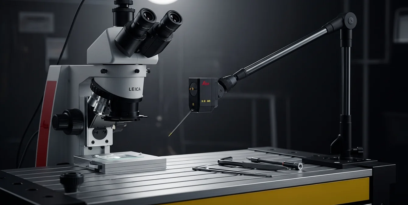 Close-up industrial scene of laser optics head with Leica microscope on extended laser arm showing cable routing and polished metal fixture with yellow tool tra Close-up industrial scene of laser optics head with Leica microscope on extended laser arm showing cable routing and polished metal fixture with yellow tool tra