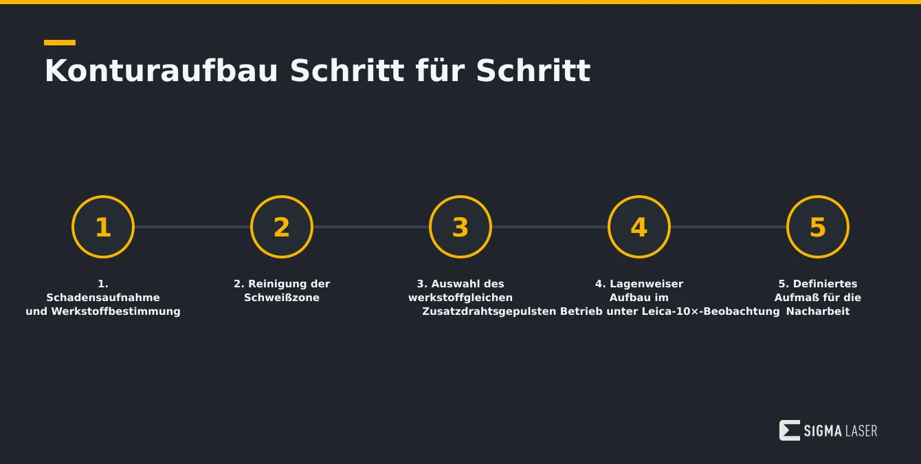 Infografik mit sechs Schritten zum Konturaufbau bei der mobilen Laserschweißreparatur Infografik mit sechs Schritten zum Konturaufbau bei der mobilen Laserschweißreparatur