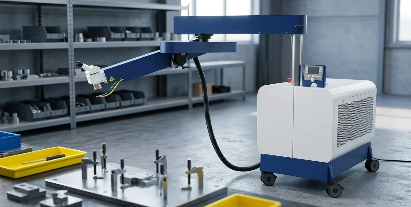 Mobiles Nd:YAG-Laserschweißsystem in einer aufgeräumten Werkstatt mit gelbem Werkzeugbehälter Mobiles Nd:YAG-Laserschweißsystem in einer aufgeräumten Werkstatt mit gelbem Werkzeugbehälter