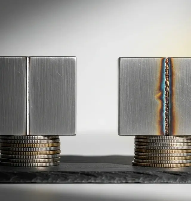 Cost comparison of laser versus traditional welding shown with metal parts on coin stacks