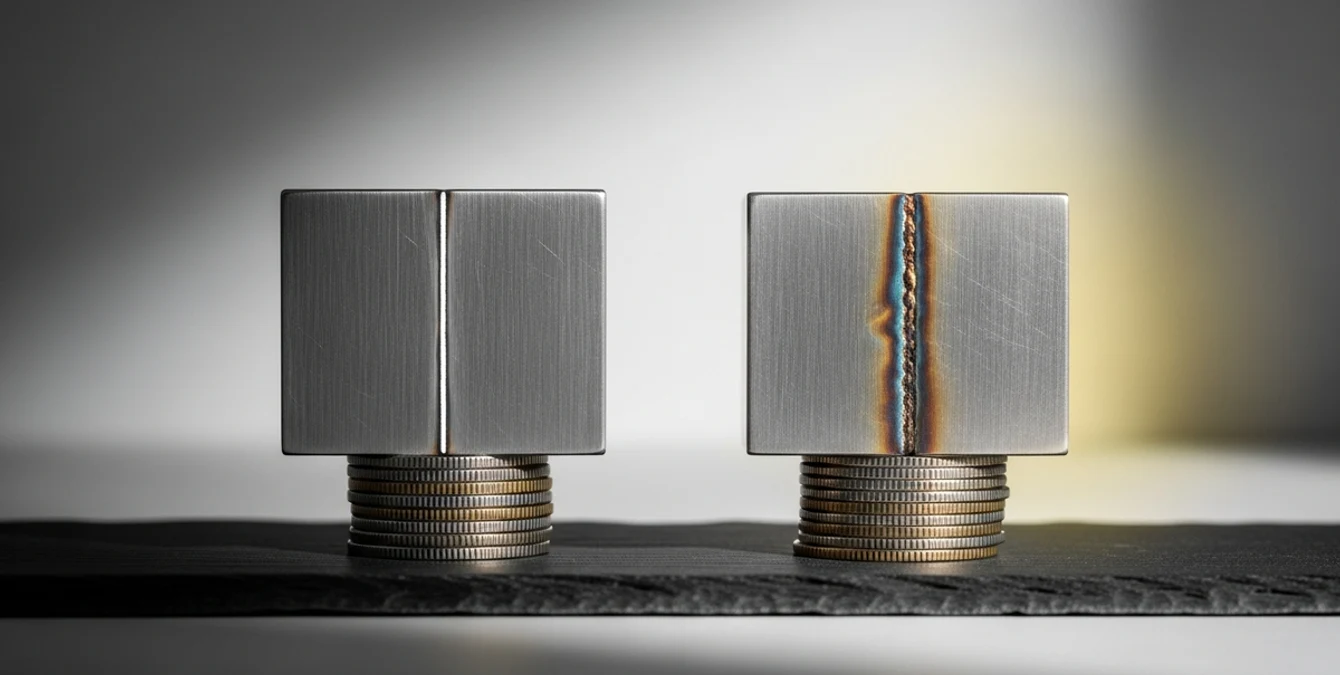 laser-vs-traditional-welding-cost-comparison-featured Cost comparison of laser versus traditional welding shown with metal parts on coin stacks