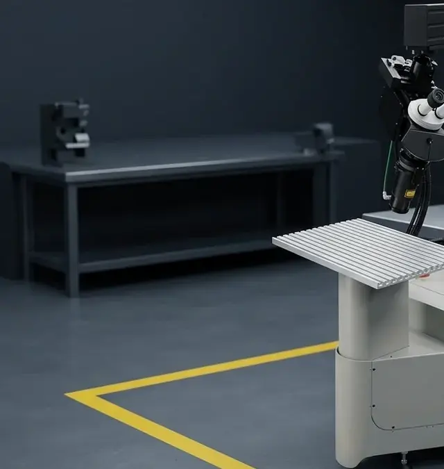 Compact stationary fibre laser welding system in workshop bay with aluminum automotive part on workbench and yellow floor markings Compact stationary fibre laser welding system in workshop bay with aluminum automotive part on workbench and yellow floor markings