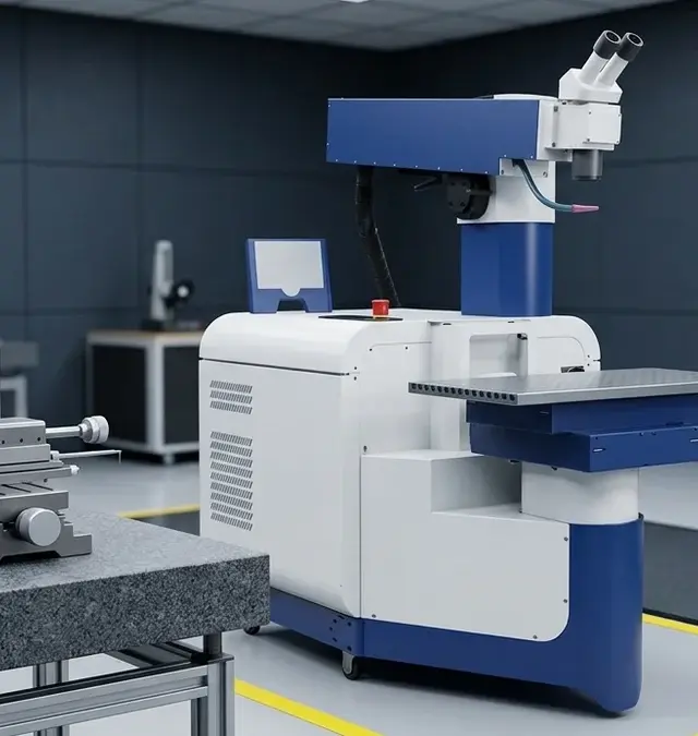 Stationary fibre laser system in a clean inspection room with a laser beam profiler on a granite table