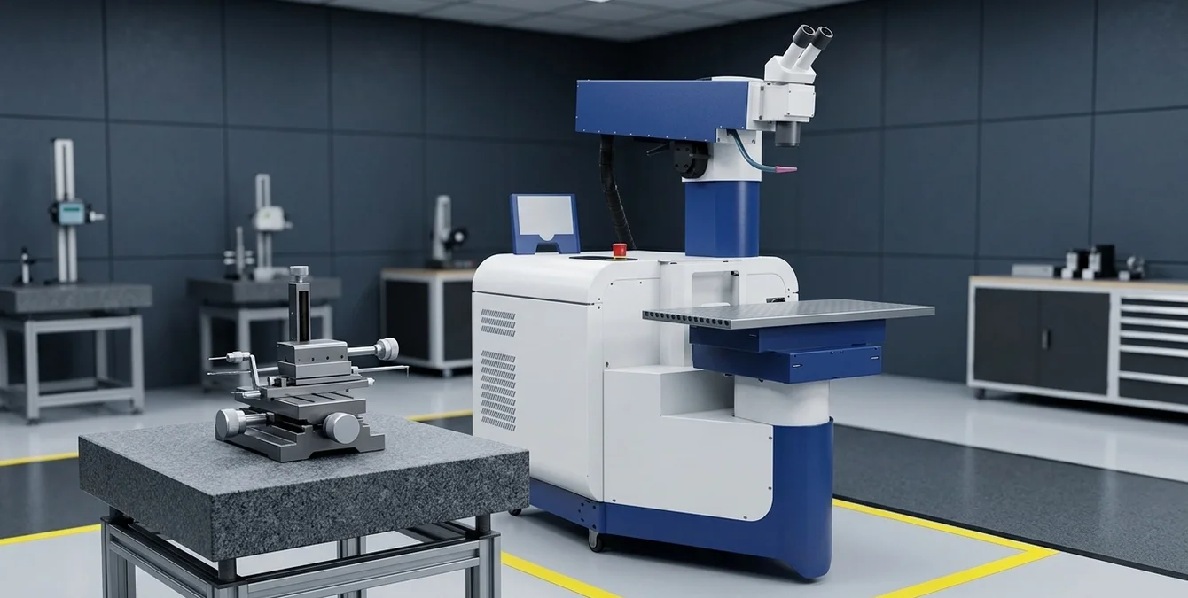 Stationary fibre laser system in a clean inspection room with a laser beam profiler on a granite table Stationary fibre laser system in a clean inspection room with a laser beam profiler on a granite table