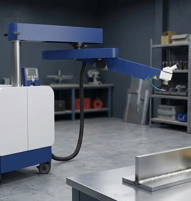 Sirius light mobile laser welding machine in workshop with aluminum-steel test sample on workbench Sirius light mobile laser welding machine in workshop with aluminum-steel test sample on workbench