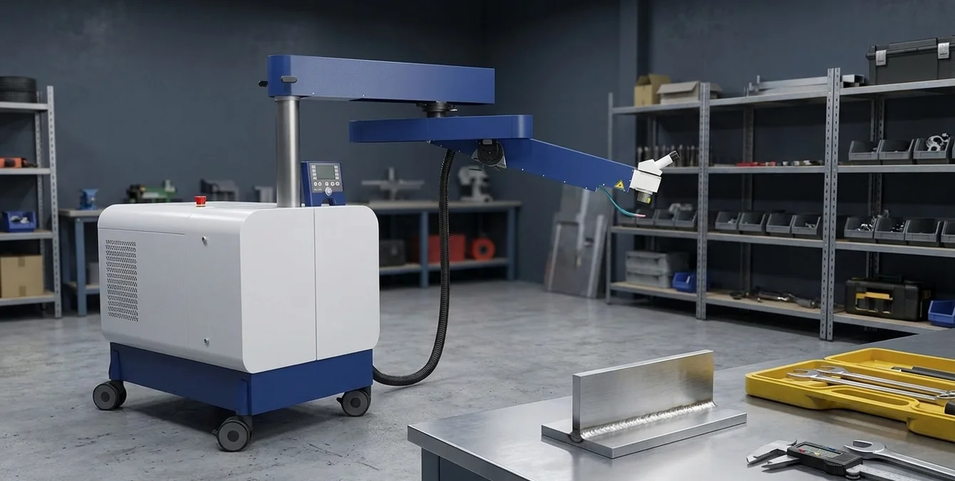 Sirius light mobile laser welding machine in workshop with aluminum-steel test sample on workbench Sirius light mobile laser welding machine in workshop with aluminum-steel test sample on workbench