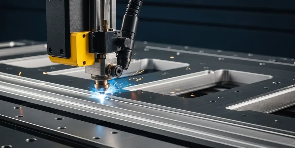 Laser Welding Material Thickness: Key Impact on Parameters 1 Fibre laser welding head over metal plates of varying thickness
