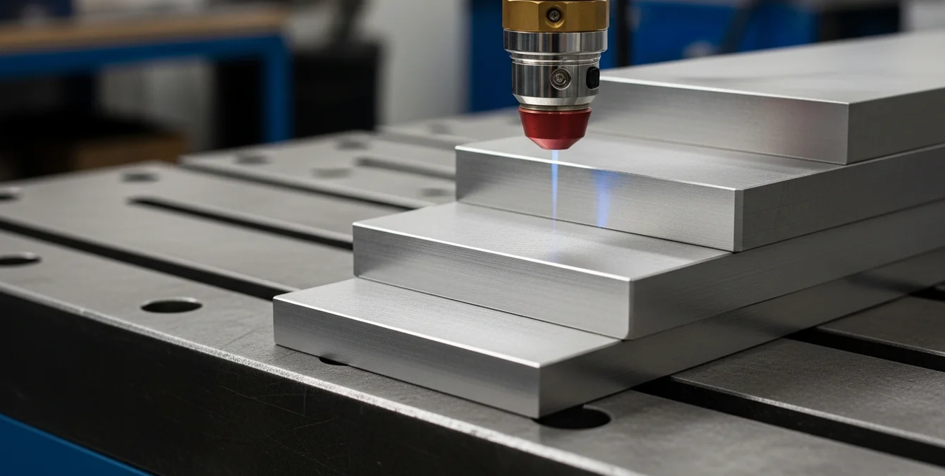 laser-welding-material-thickness-stepped-plates-featured Stepped stainless-steel plates of varying thickness under a parked fibre laser welding head
