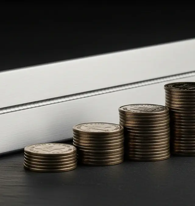 Laser-welded part beside a rising staircase of coin stacks representing investment payback