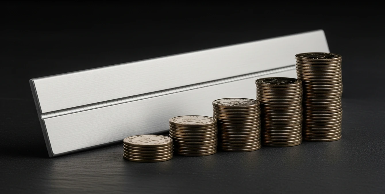 laser-welding-roi-investment-payback-featured Laser-welded part beside a rising staircase of coin stacks representing investment payback