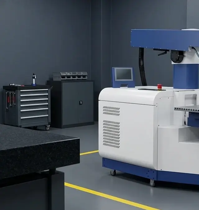 Stationary fibre laser system in a clean inspection room with granite table and yellow floor marking Stationary fibre laser system in a clean inspection room with granite table and yellow floor marking