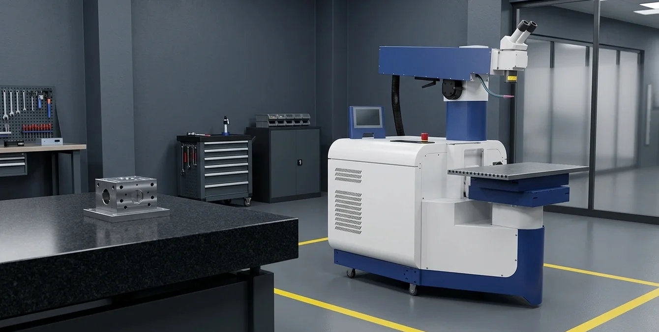 Stationary fibre laser system in a clean inspection room with granite table and yellow floor marking Stationary fibre laser system in a clean inspection room with granite table and yellow floor marking