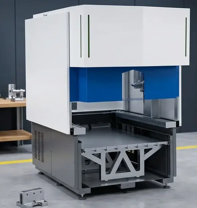 Fest installierte Automations-Laserschweißeinheit in sauberer Werkstatt mit gelber Bodenmarkierung Fest installierte Automations-Laserschweißeinheit in sauberer Werkstatt mit gelber Bodenmarkierung