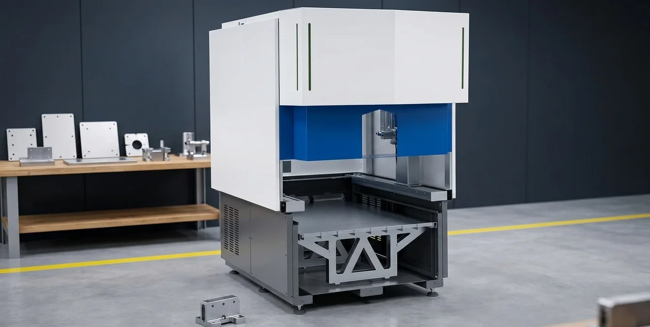Fest installierte Automations-Laserschweißeinheit in sauberer Werkstatt mit gelber Bodenmarkierung Fest installierte Automations-Laserschweißeinheit in sauberer Werkstatt mit gelber Bodenmarkierung