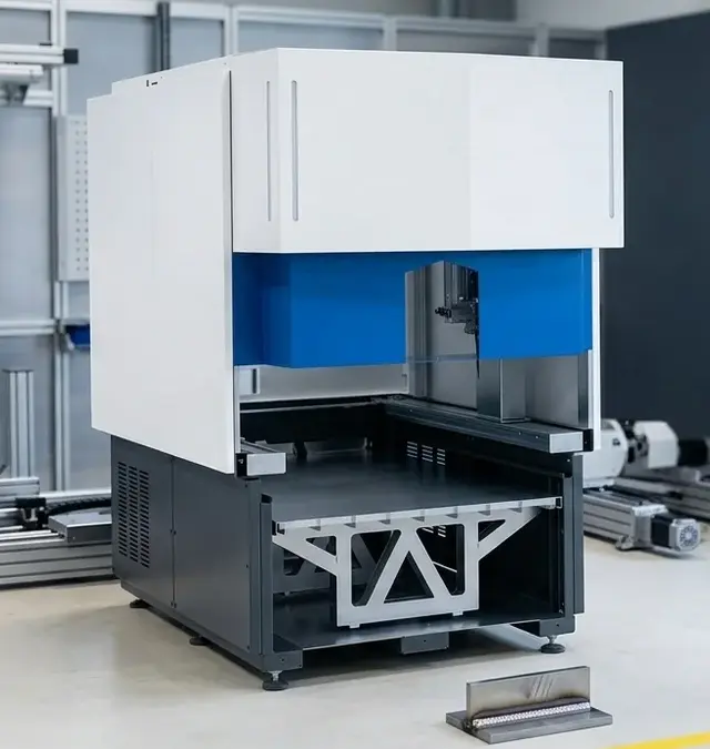 Festinstallierte Automationsbasis für Laserschweißen in sauberer Werkstatt mit gelber Bodenmarkierung