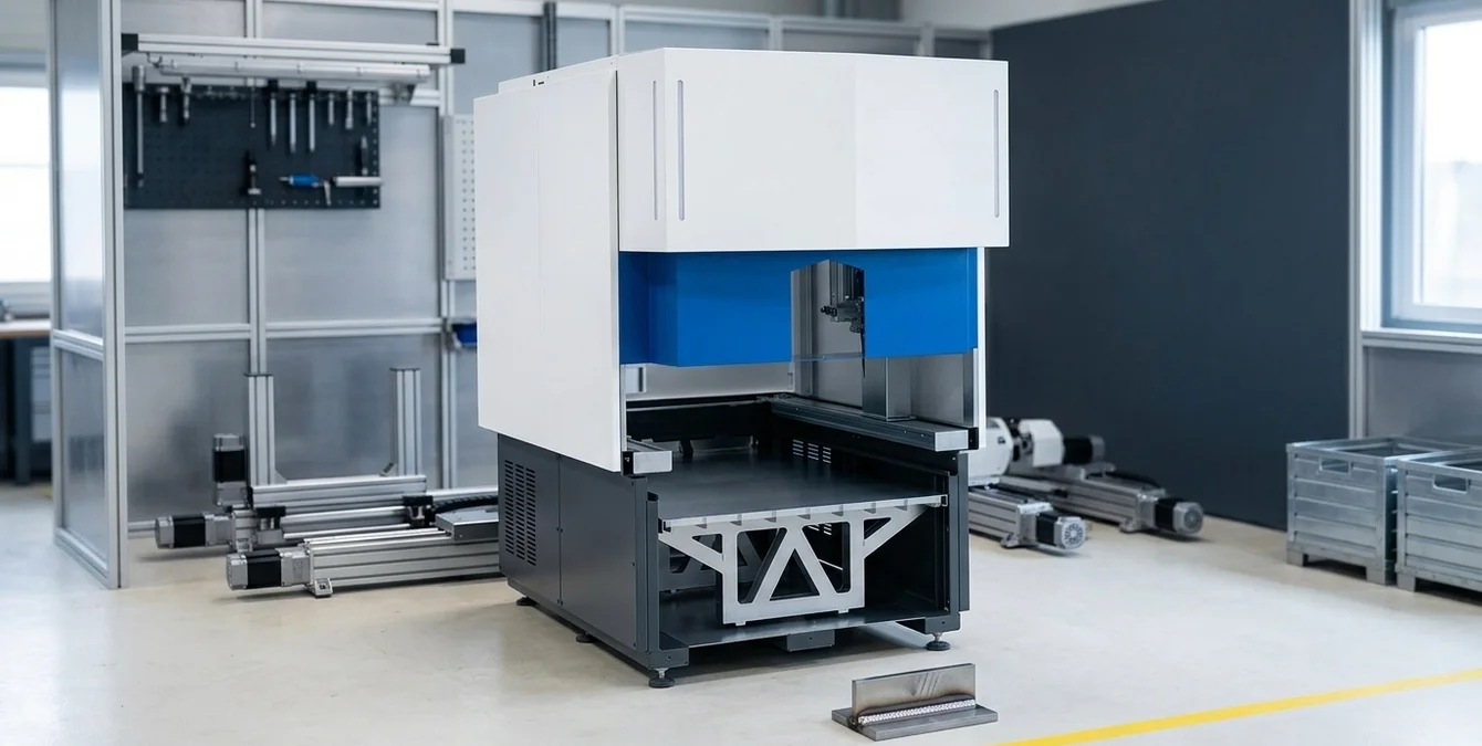 Festinstallierte Automationsbasis für Laserschweißen in sauberer Werkstatt mit gelber Bodenmarkierung Festinstallierte Automationsbasis für Laserschweißen in sauberer Werkstatt mit gelber Bodenmarkierung
