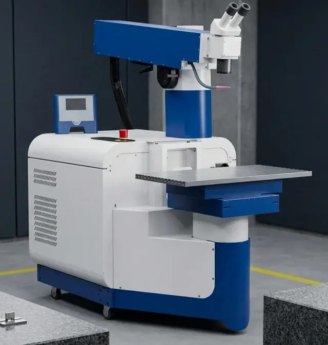 Sidanus light Nd:YAG laser welding machine in a clean inspection room with a metal test sample on a granite table Sidanus light Nd:YAG laser welding machine in a clean inspection room with a metal test sample on a granite table