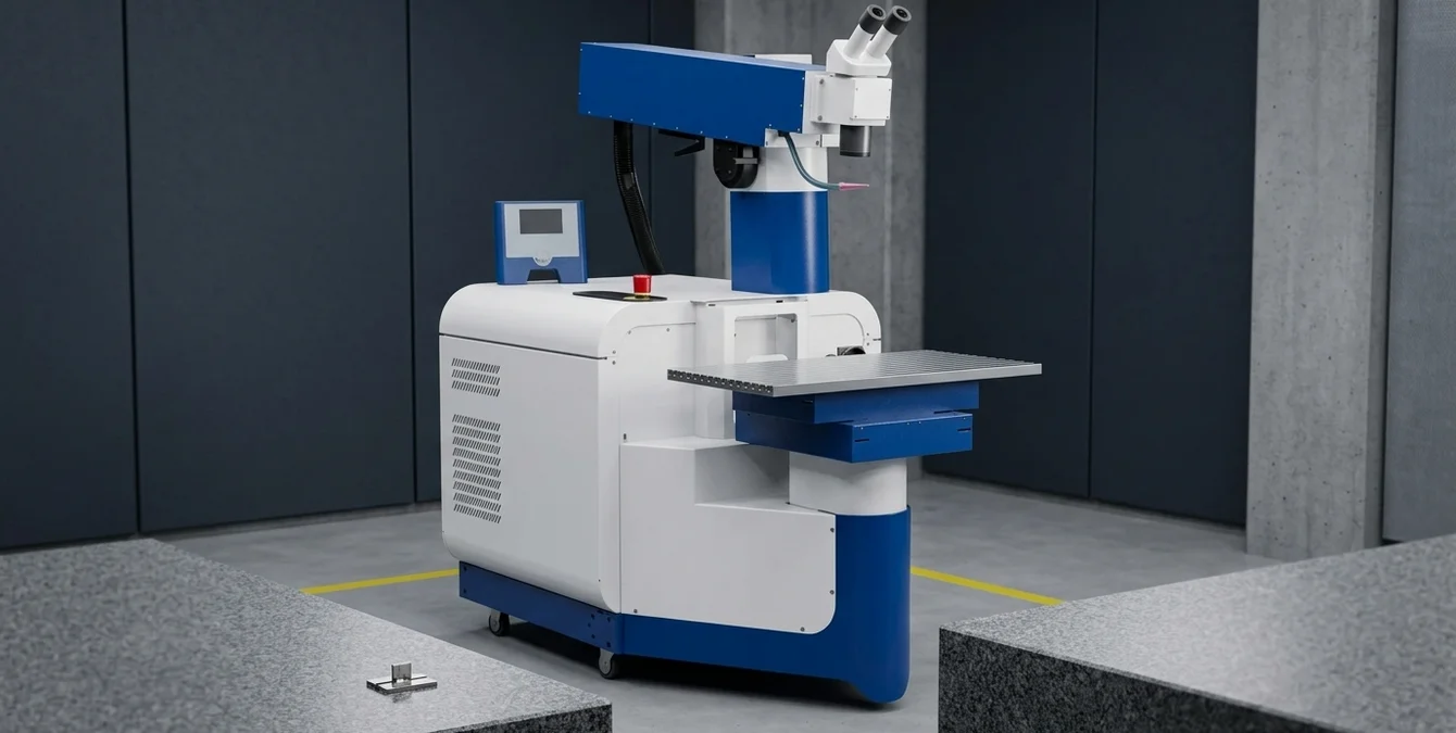 Sidanus light Nd:YAG laser welding machine in a clean inspection room with a metal test sample on a granite table Sidanus light Nd:YAG laser welding machine in a clean inspection room with a metal test sample on a granite table