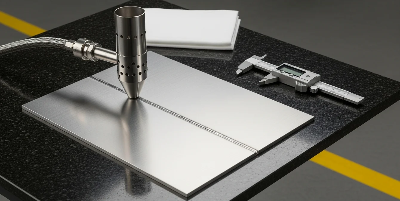 Polished titanium alloy plate with perfect bright silver laser weld seam on granite inspection table with yellow floor marking line Polished titanium alloy plate with perfect bright silver laser weld seam on granite inspection table with yellow floor marking line
