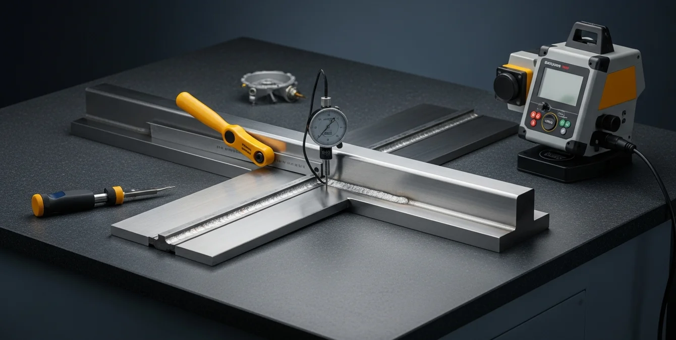 Precision measuring tools inspecting a long-axis welded metal plate on a granite table with a yellow fixture handle Precision measuring tools inspecting a long-axis welded metal plate on a granite table with a yellow fixture handle