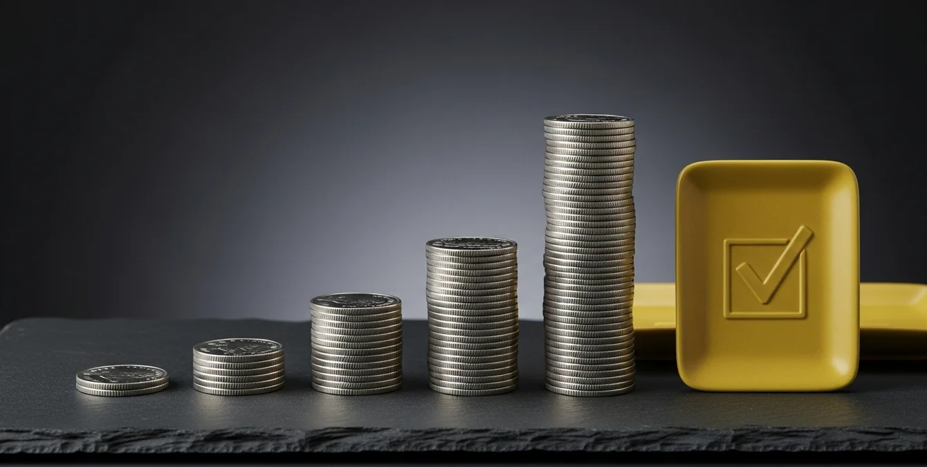 Symbolische Darstellung von Eigentum und Finanzierung mit Münzstapeln und gelbem Häkchen Symbolische Darstellung von Eigentum und Finanzierung mit Münzstapeln und gelbem Häkchen