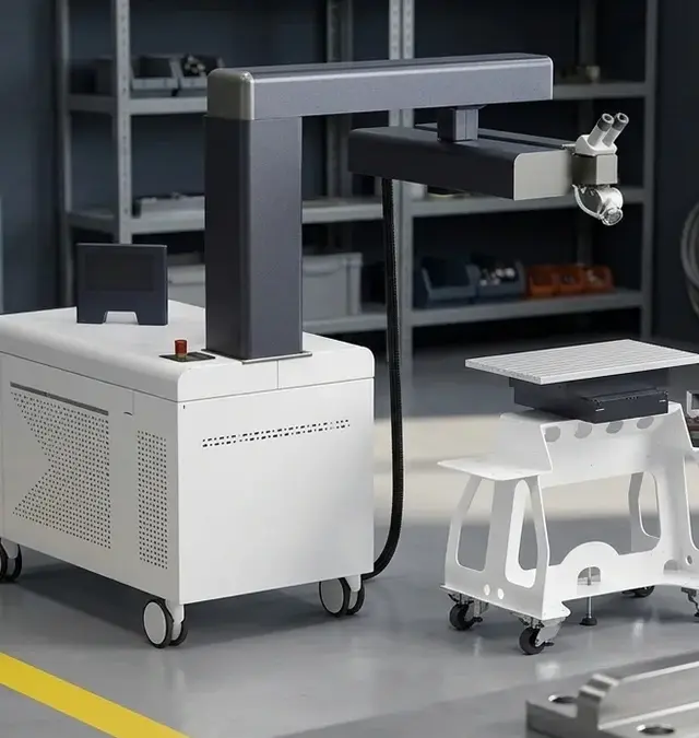 Mobiles Nd:YAG-Laserschweißsystem sineo light in aufgeräumter Werkstatt mit gelber Bodenmarkierung und Metallteil im Vordergrund