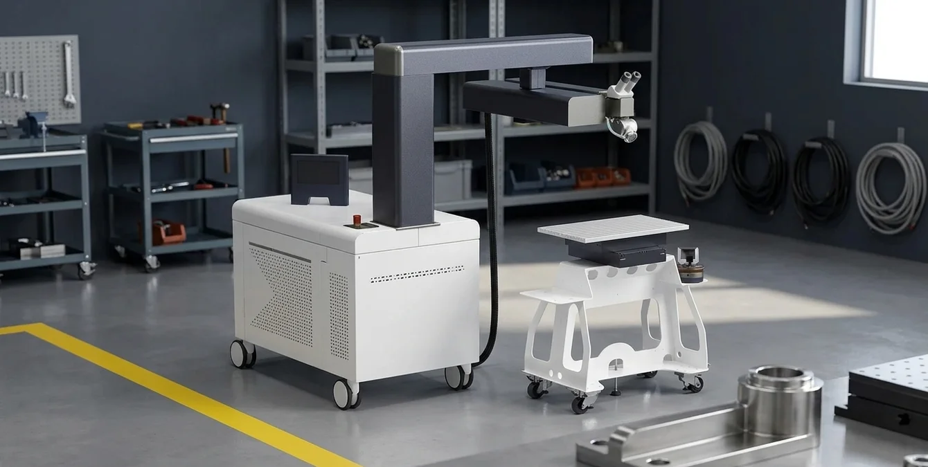 Mobiles Nd:YAG-Laserschweißsystem sineo light in aufgeräumter Werkstatt mit gelber Bodenmarkierung und Metallteil im Vordergrund Mobiles Nd:YAG-Laserschweißsystem sineo light in aufgeräumter Werkstatt mit gelber Bodenmarkierung und Metallteil im Vordergrund
