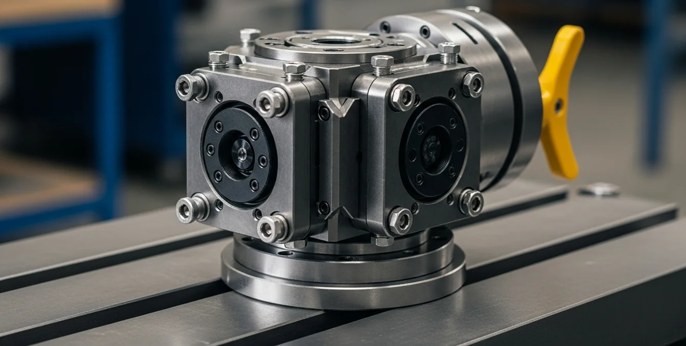 Swivel optics module mounted on a clean metal fixture with screws partially tightened, showing precise mechanical alignment in a dark industrial setting Swivel optics module mounted on a clean metal fixture with screws partially tightened, showing precise mechanical alignment in a dark industrial setting