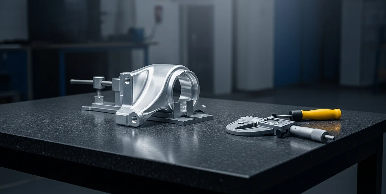 Industrielle Live-Demo-Szene mit Aluminium-Bauteil auf Granittisch und Messwerkzeugen Industrielle Live-Demo-Szene mit Aluminium-Bauteil auf Granittisch und Messwerkzeugen